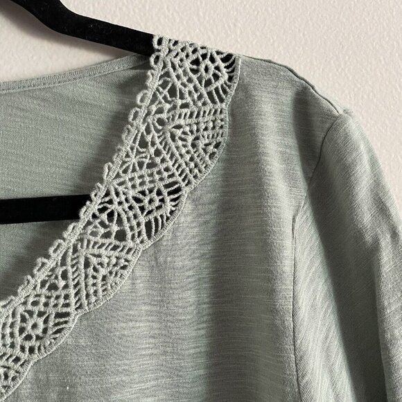 J.Jill Women M Green Cotton Modal Slub Crochet Trim V-Neck 3/4 Sleeves Tunic Top - Picture 7 of 11